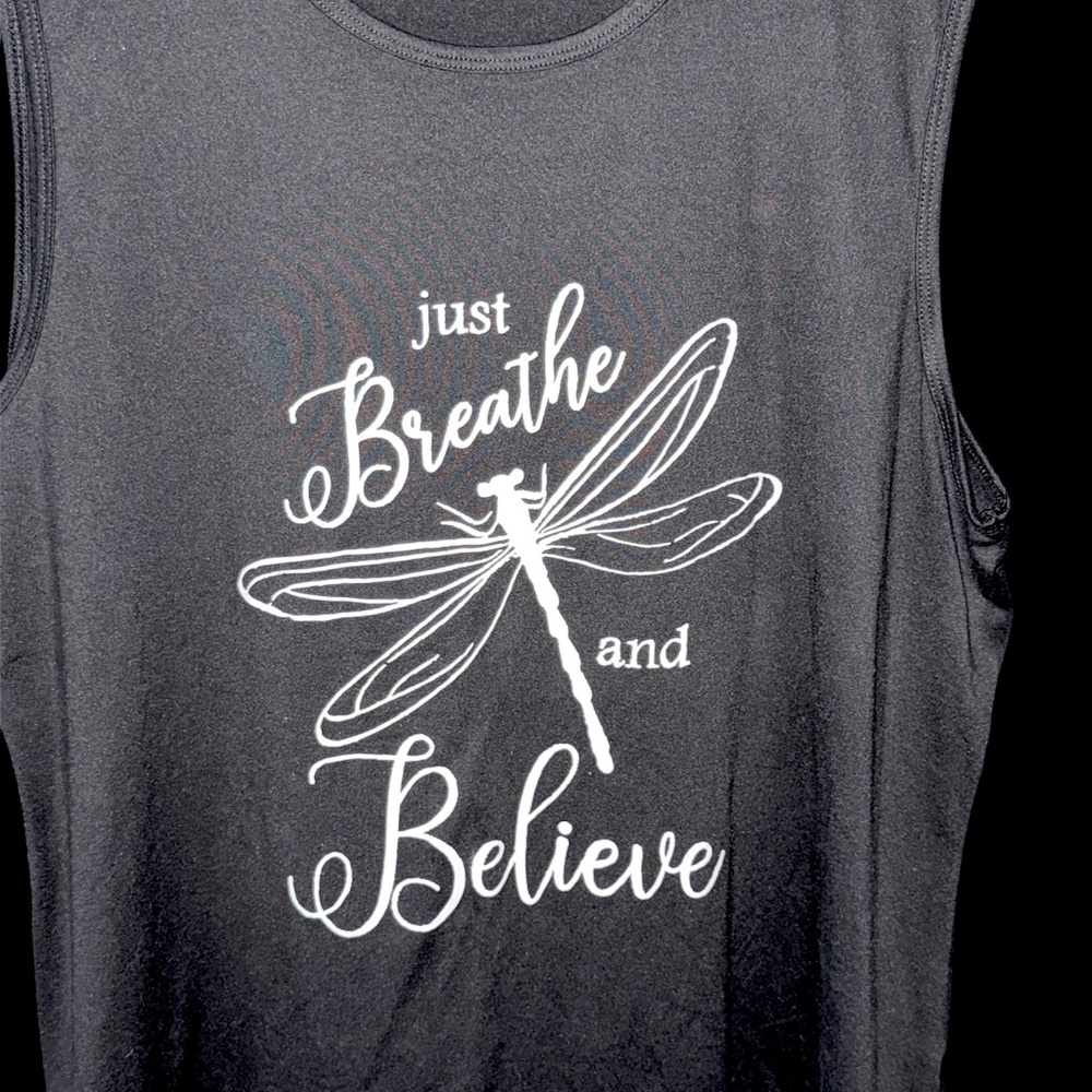 Women's Black Muscle Wide Strap Tank Top Just Breathe and Believe Dragonfly 4X - Picture 4 of 5